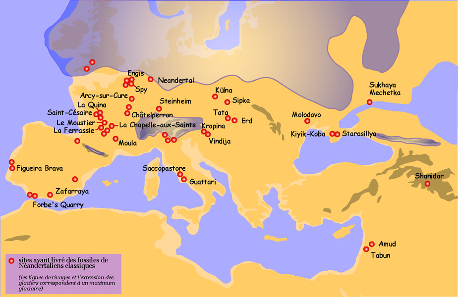 Paleologiczne znaleziska kości neandertalczyka w Europie; na północy mapy zaznaczony zasięg lądolodu, fot. 120, wikimedia